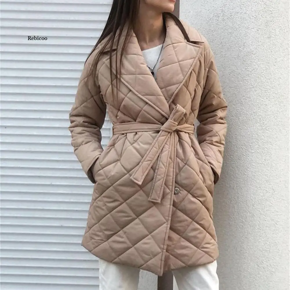 Elegant Lace-Up Pocket Women Parkas Coat Winter Office Lady Long Sleeves Lapel Loose Female Solid Warm Coat