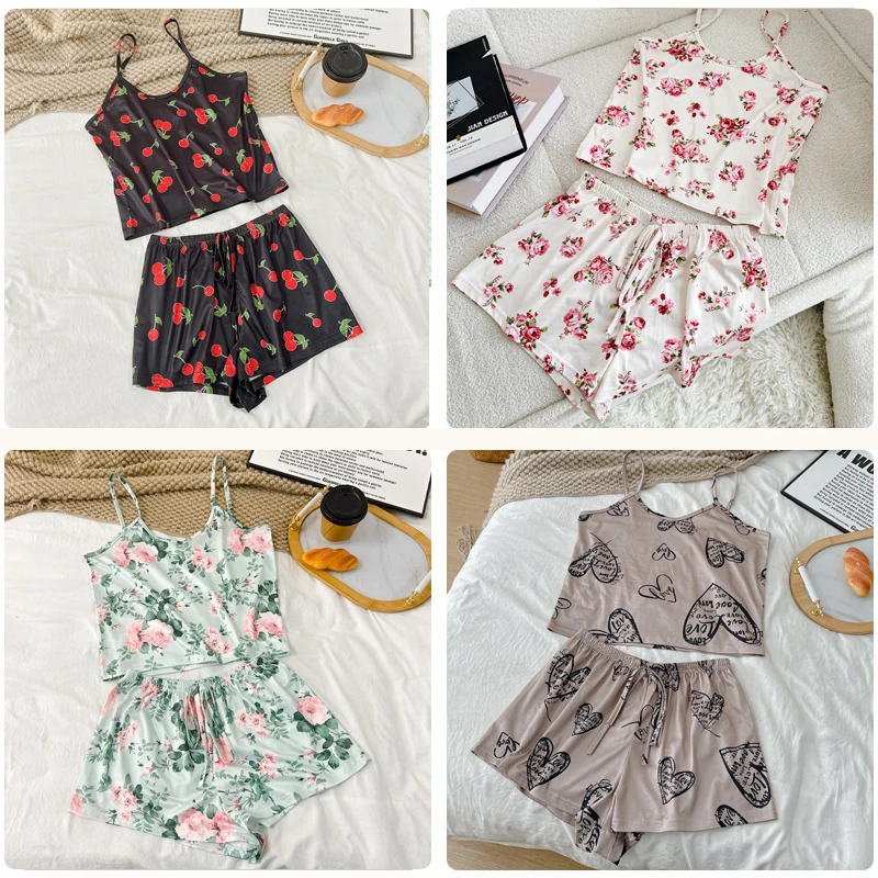 Sommer 2-teiliges Damen-Pyjama-Set mit bedrucktem Cami, ärmellosem Oberteil und Shorts, weiblich, elegant, bequem, Freizeit, elastische Nachtwäsche