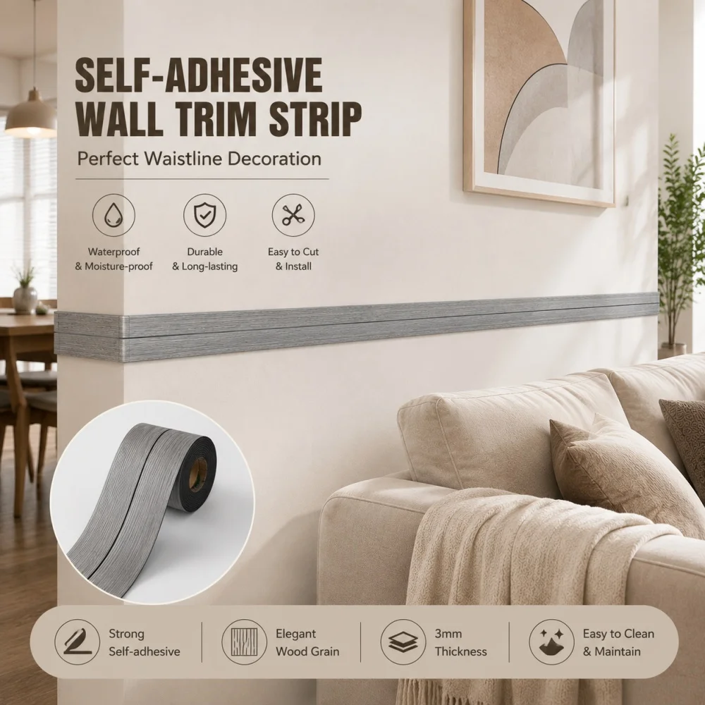 1Roll Self-Adhesive Wood Grain Skirting Board, Waterproof Peel and Stick Floor Edge Trim Waist Line for Door Home Renovation