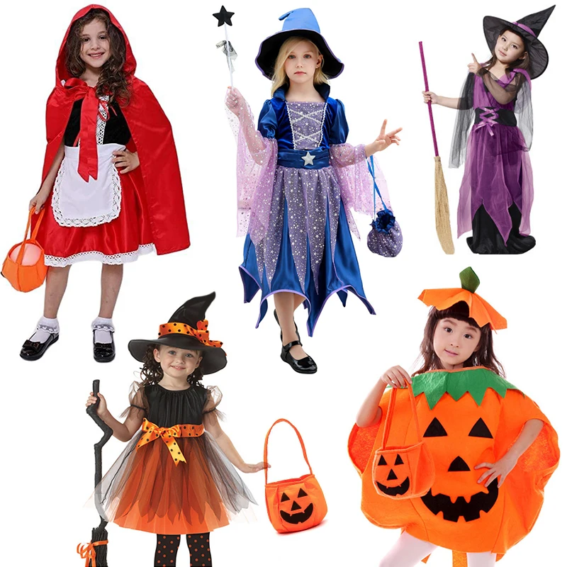 

Baby Girls Halloween Witch Costume Children Cosplay Pumpkin Fancy Dresses Kids Dress Up Clothes With Hat Carnival Vestidos Set