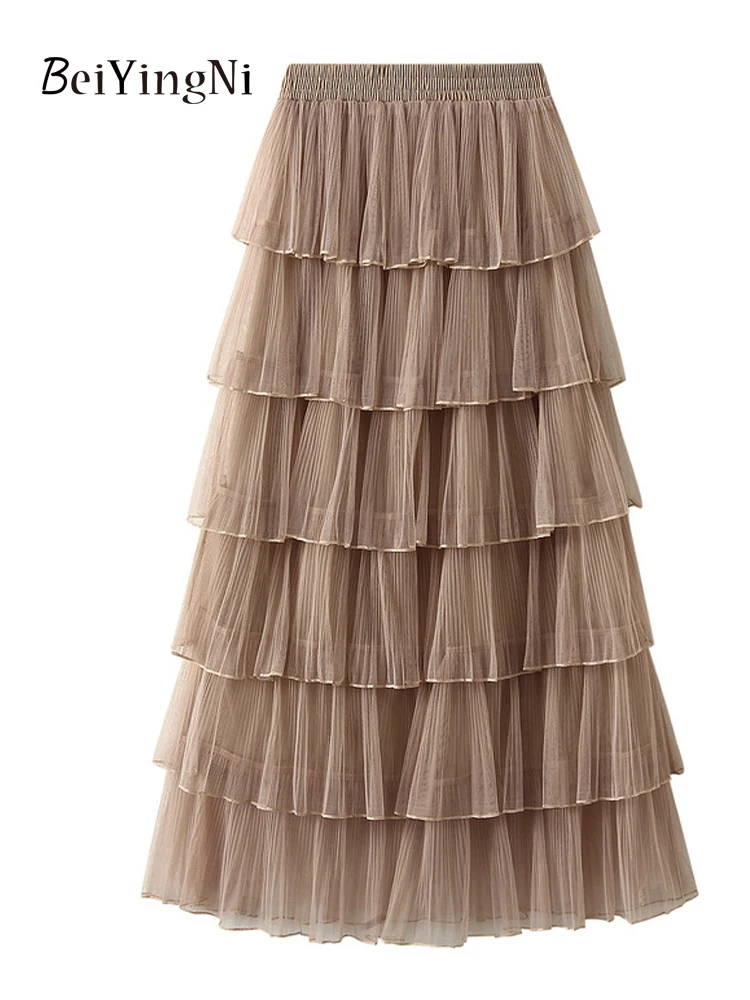 

Beiyingni Woman Mesh Long Midi Cake Skirt Solid Color Elegant French Tiered Fairy Tulle Skirts Khaki Casual High Waist Faldas