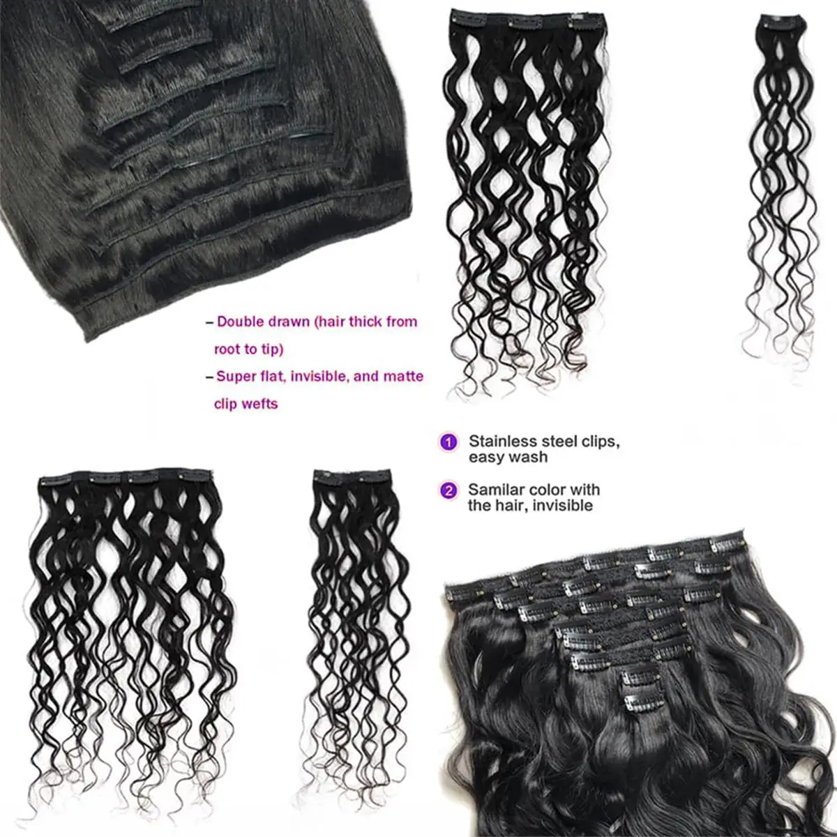 Deep Wave Clip in Hair Extensions Curly 100% Human Hair Clip In Natural Black #1B Double Weft for Women 26 Inch 120 Gram