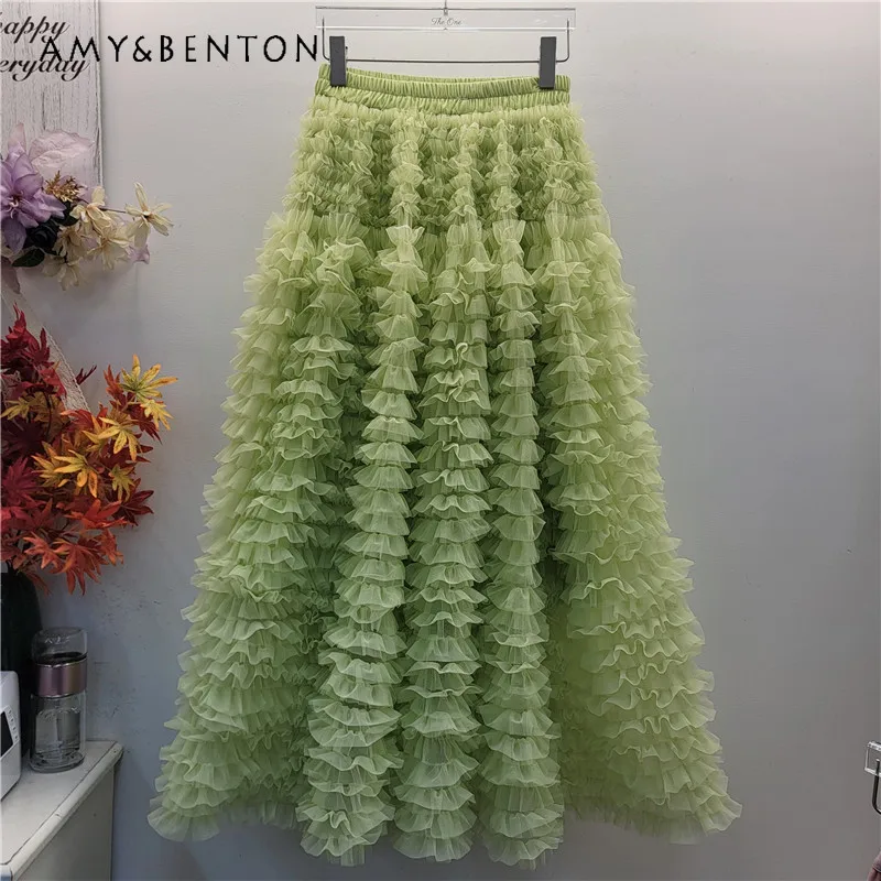 

Elegant Chic Solid Color Heavy Craft Mid-Length Elastic Waist Puff Skirt For Women's 2026 Early Spring High-End Princess Skirts