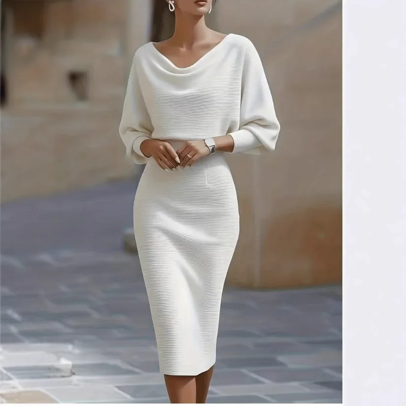 

Spring Women's Elegant Dress High Waist O-neck 7-quarter Sleeves Slim Fashion Simple Office Solid Color Female Mid-length Skirt