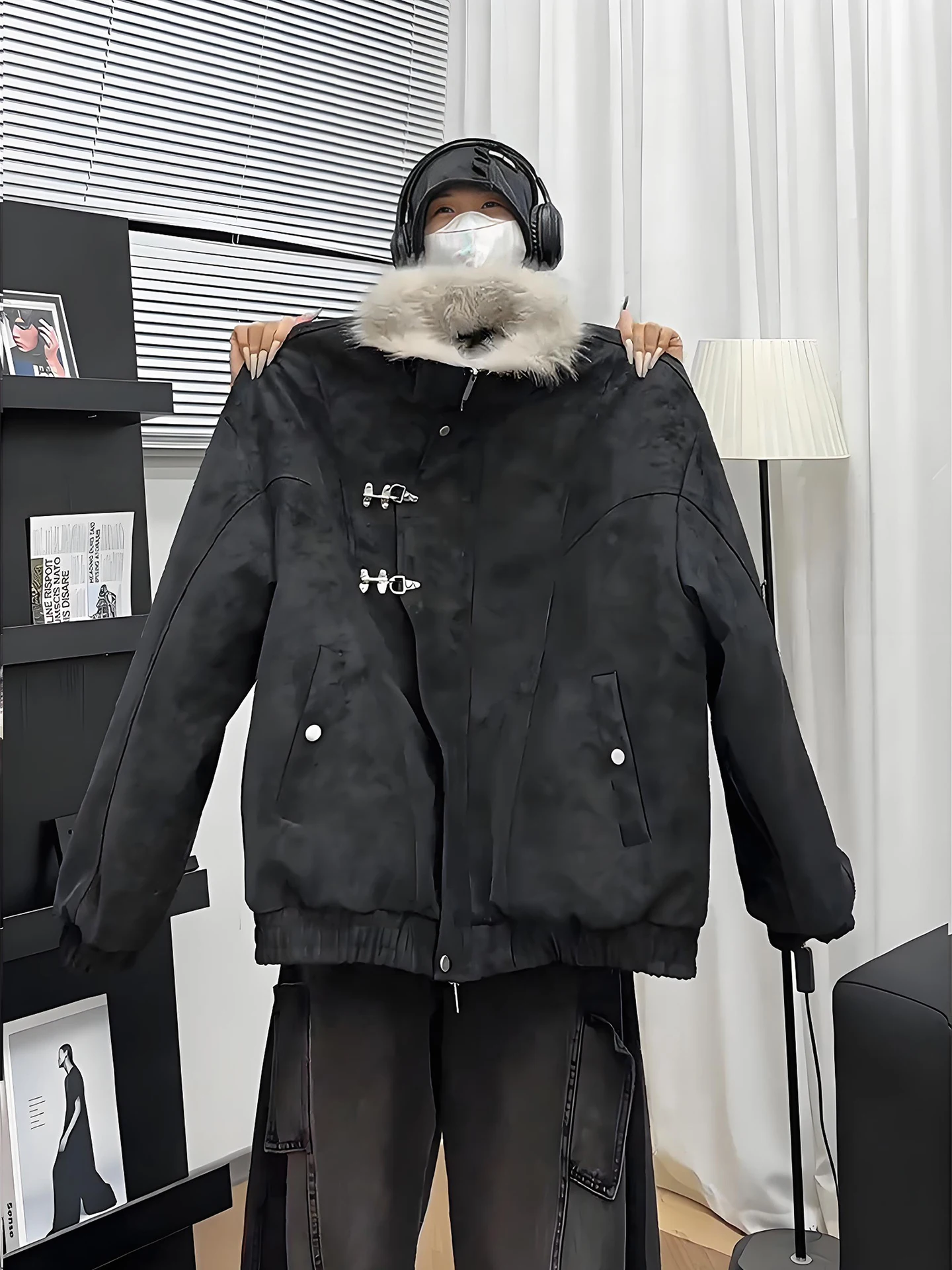 

New Chinese Sle Thiened Winter Jaet Men's Leather Coat with Fur Collar Plane Bule Workwear ort Cotton Jaet