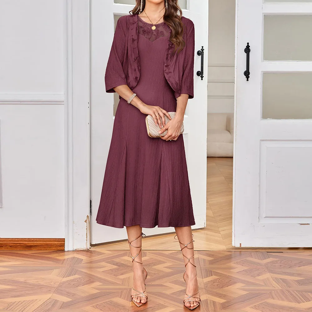 

Customized Exquisite Mother of The Bride Dress with 3/4 Sleeves Cardigan Stretchy Lace 2 Pieces Wedding Guest Sequins Dresses