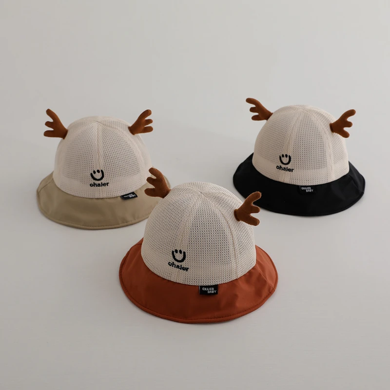 Summer Kids Cute Deer Antlers Mesh Cap Breathable Toddlers Sun Hats Babies Outdoor Bucket Caps 6-24M