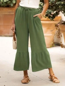 

Plus Size Women Clearance Loose Ruffle Wide Leg Pants Drawstring Elastic Waist Casual Culottes Solid Green Pocket Lightweight Su