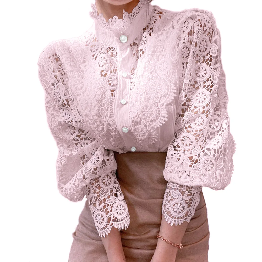 Women Stand Collar Lace Patchwork Shirts Casual Hollow Out Flower Petal Sleeve Buttonw Solid Tops white shirts for women Blue