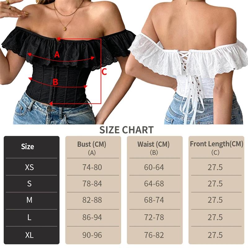 Women Off Shoulder Corset Top Ruffle Lace Bustier Vintage Lace Up Back Waist Slimming Body Shaper Party Clubwear Crop Top - view 6
