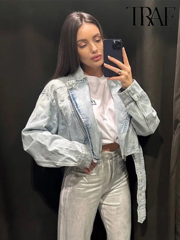 TRAF Spring Autumn Woman Denim Jacket With Belt Cropped Jean Jacket For Women Streetwear Women\'s Jackets Long Sleeve Crop Top