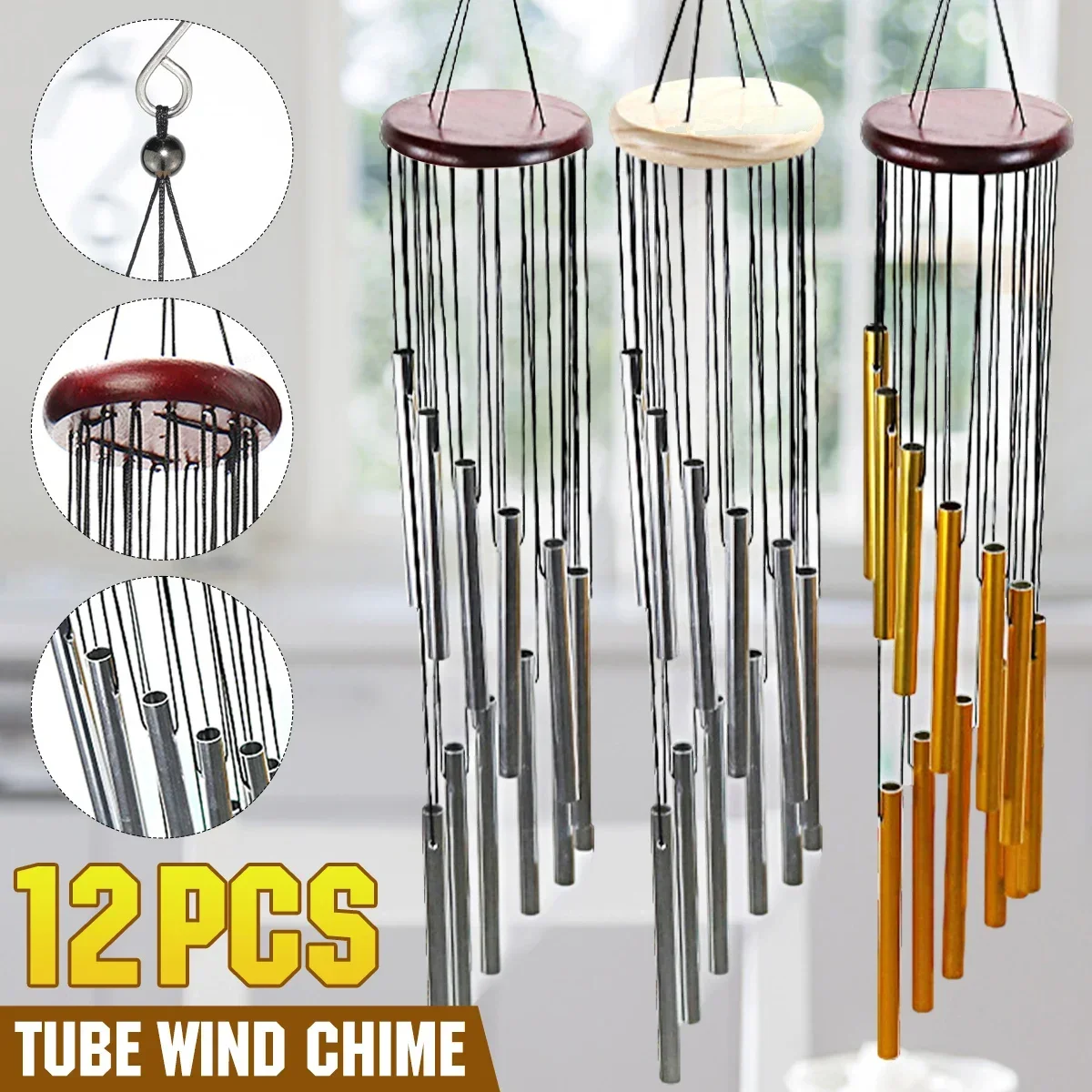 3 Types Wood Metal Bells Outdoor Garden Yard Hanging Charm Windchime Wind Chime Ornament with 12 Pcs Tubes