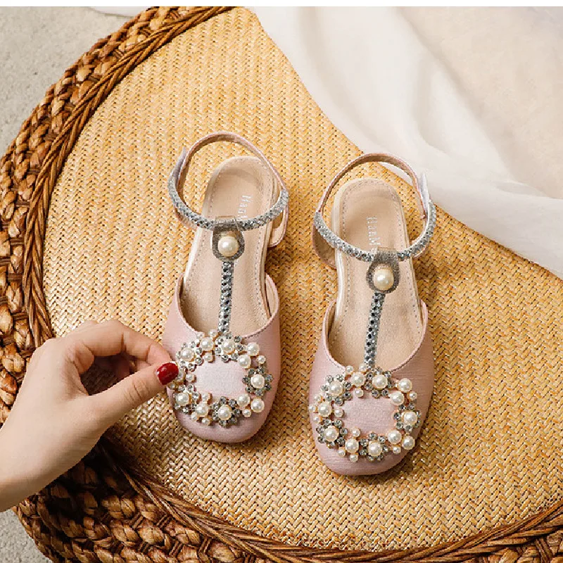 ULKNN Children Sandals Pearl Rhinestone Kids High Heel Shoe Elegant Baby Girls Wedding Party Shoe Student Prom Sandals Round Toe