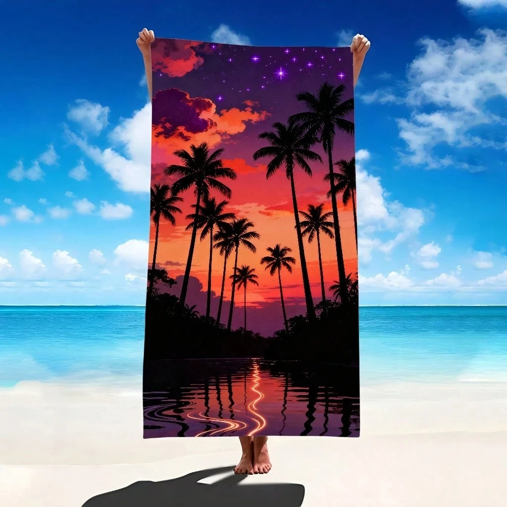 1pc Tropical Sunset Palm Tree Beach Towel - Highly Absorbent Mat for Travel, Pool, Surf, Yoga & Camping, Multi-Size Options