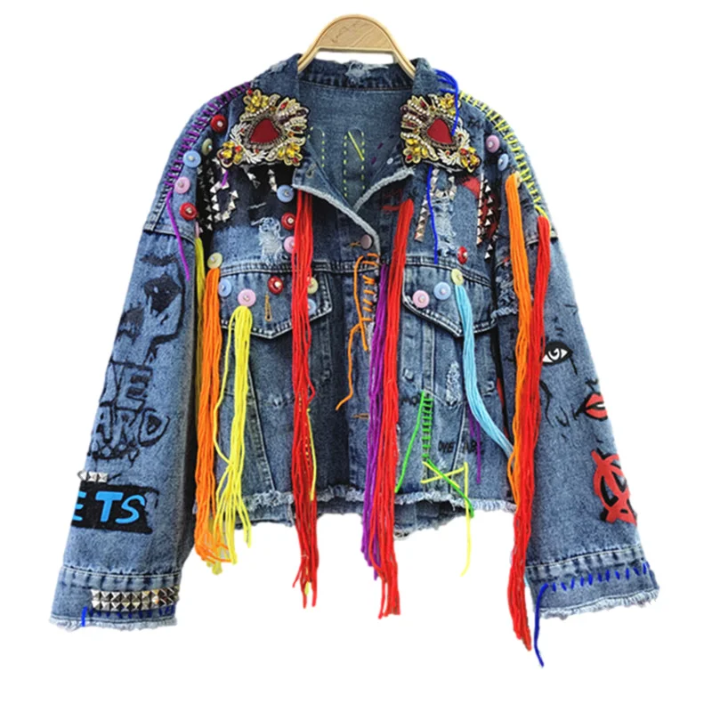 

Rivet Diamonds Graffiti Holes Big Pocket Denim Jacket Women Cowboy Outerwear Loose Casual Short Hem Frayed Jeans Jacket Female