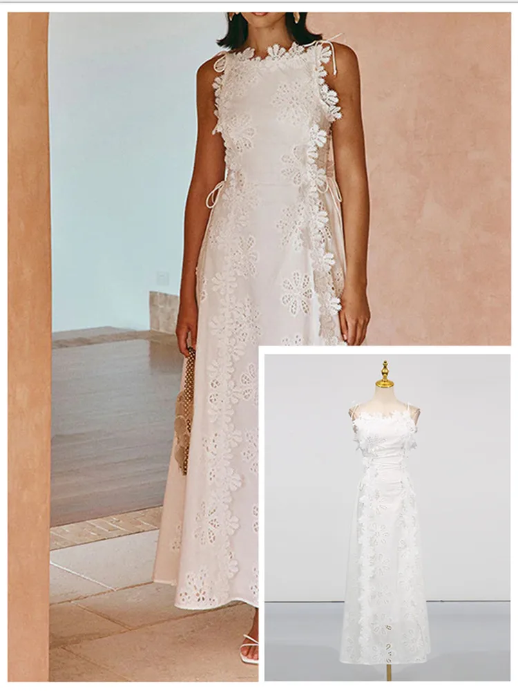 Ele taille haute a-ligne Dr Svel v-ne bretelles brodées été longue Dr femmes Faion Sexy Simple Sle