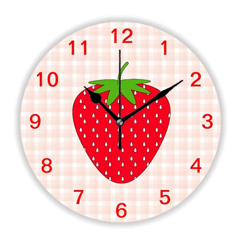 Chic Rustic Red Strawberry on Gingham Check Wall Clock Kitchen Dining Room Farmhouse Strawberries Fruits Wall Watch Home Decor