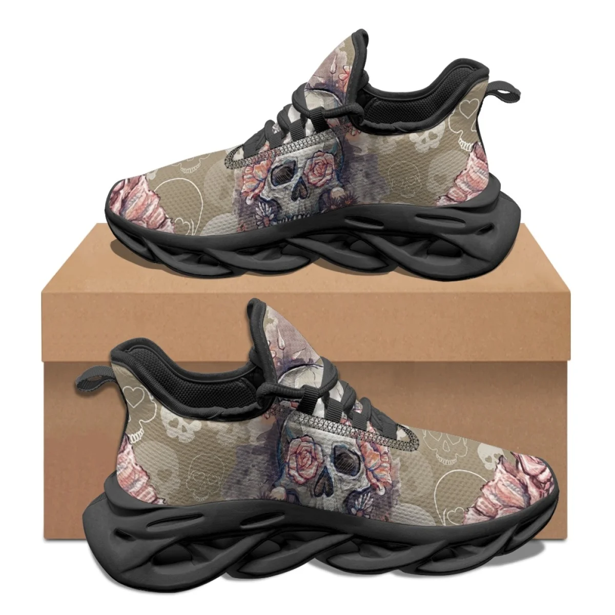 Zapatillas de deporte con estampado de calavera y flores para mujer, zapatos de malla resistentes a la suciedad, para correr, para viajes al aire libre, para otoño e invierno, regalo de Halloween