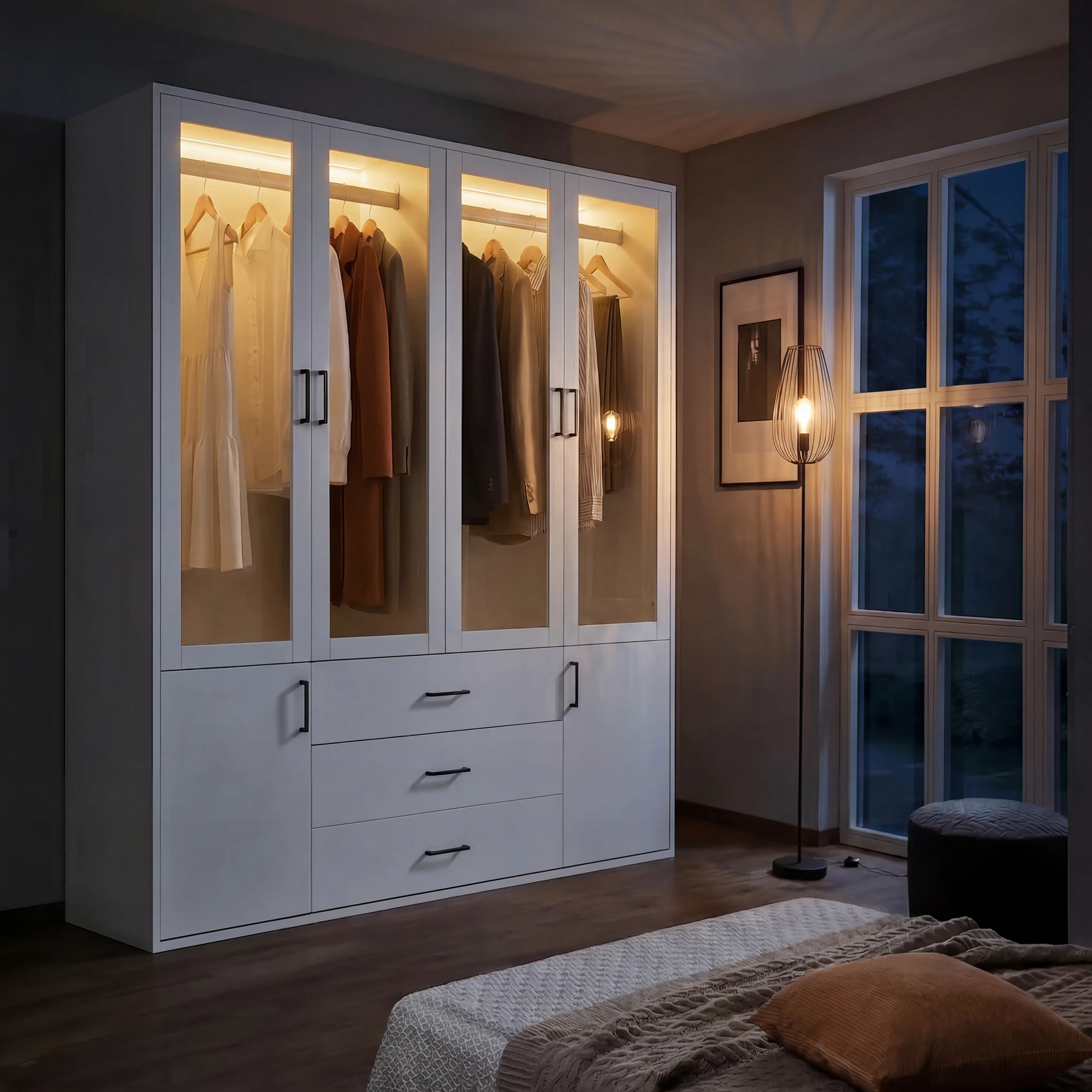 Armoire Rosahqnda avec éclairage LED, 4 portes en verre transparent, 3 tiroirs et 2 tringles à vêtements, 160 x 51,8 x 182 cm, Blanc