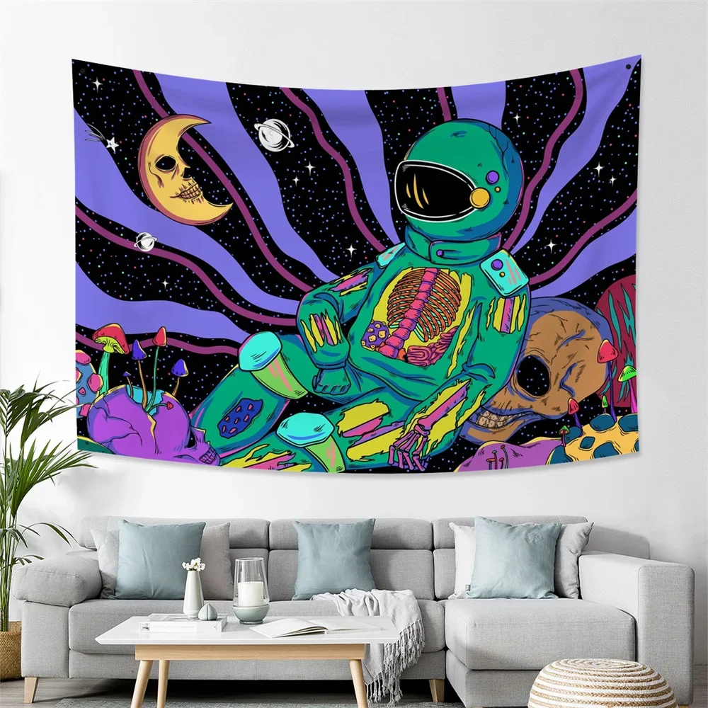 Psychedelic Astronaut Tapestry Wall Hanging Skull Mushroom Mandala Tapiz Witchcraft Tapestry Hippie Yoga Mattress Background