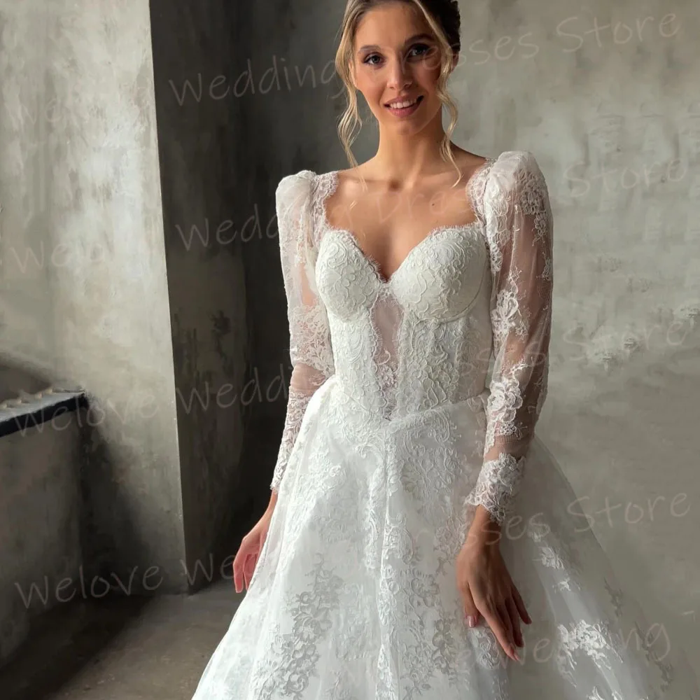 فساتين زفاف نسائية فاخرة على شكل حرف A على شكل قلب وأكمام طويلة مخصصة فساتين العروس مزينة بالدانتيل فيستدوس دي نوفيا بودا #4