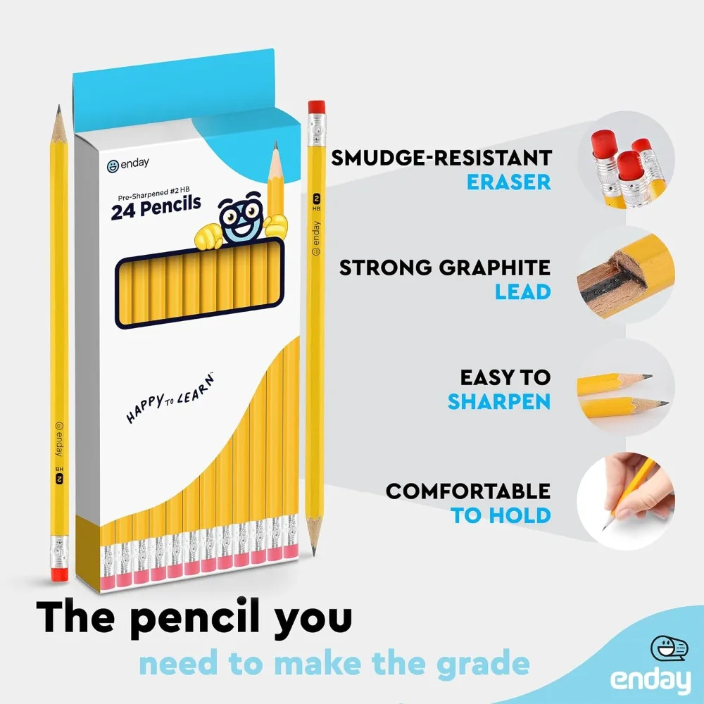 Pre-Sharpened #2 Pencils with Eraser, 24 Pack Wood Cased Yellow Pencils for School Office Classroom Writing and Art Supplies view 3
