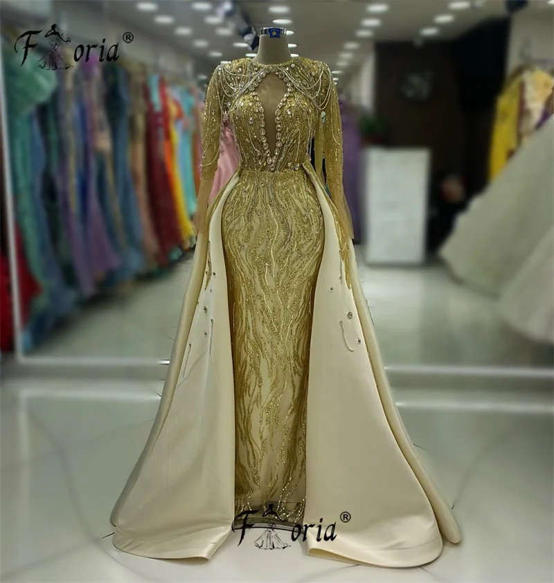 

Dubai Woman Gold Beadings Evening Dress With Detachable Train Long Sleeves Middle East Wedding Party Gown Robe De Mariee Mermaid