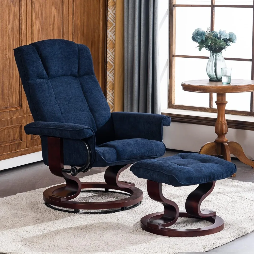 Manual Swivel Recliner with Ottoman, Chair Ottoman Set for RV Small Spaces, Living Room, Bedroom, Office (Textile, Blue)