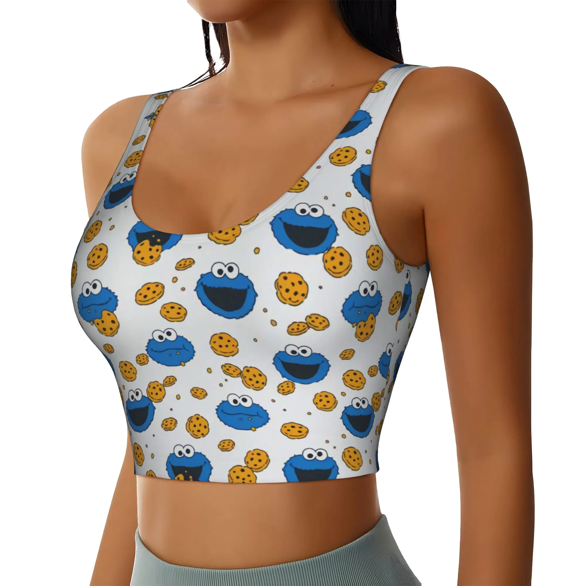 Custom Cookies Anime Monsters Sports Bra for Women Elmo Cartoon High Impact Workout Yoga Crop Top