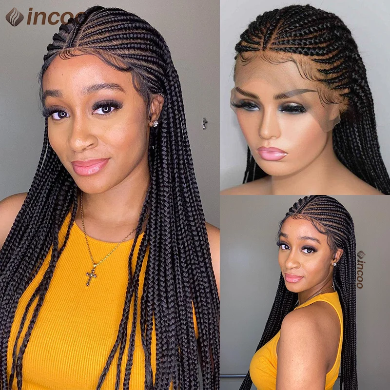 Synthetic Fulani Braids 36” Cornrow Braided Wigs For Women Faux Goddess Box Braided Lace Front Wigs Designed 13X8 Lace Braids