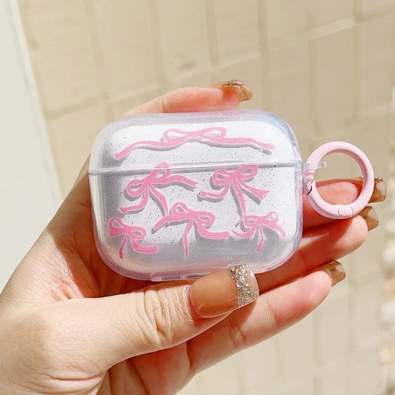 

INS Korea Pink Bow Knot Headset Case For Airpods 4 Cover Shockproof For Airpod Pro 2nd 3 2 1 Charging Box Fundas With Keychain
