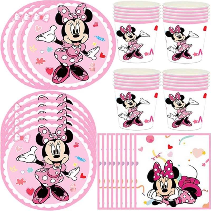 Cartoon Minnie Mouse Party Decorations Paper Cup Disposable Tableware Paper Plate Tablecloth Kids Birthday Party Baby Shower Set