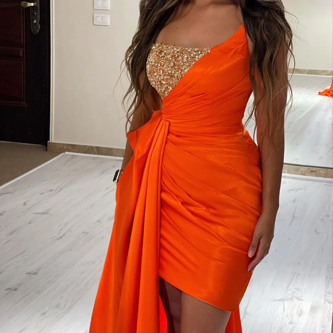 

Tight Prom Dresses Sequins Beading Wrinkle Orange Tight Mini Personality Sleeveless Strapless Zipper 2023