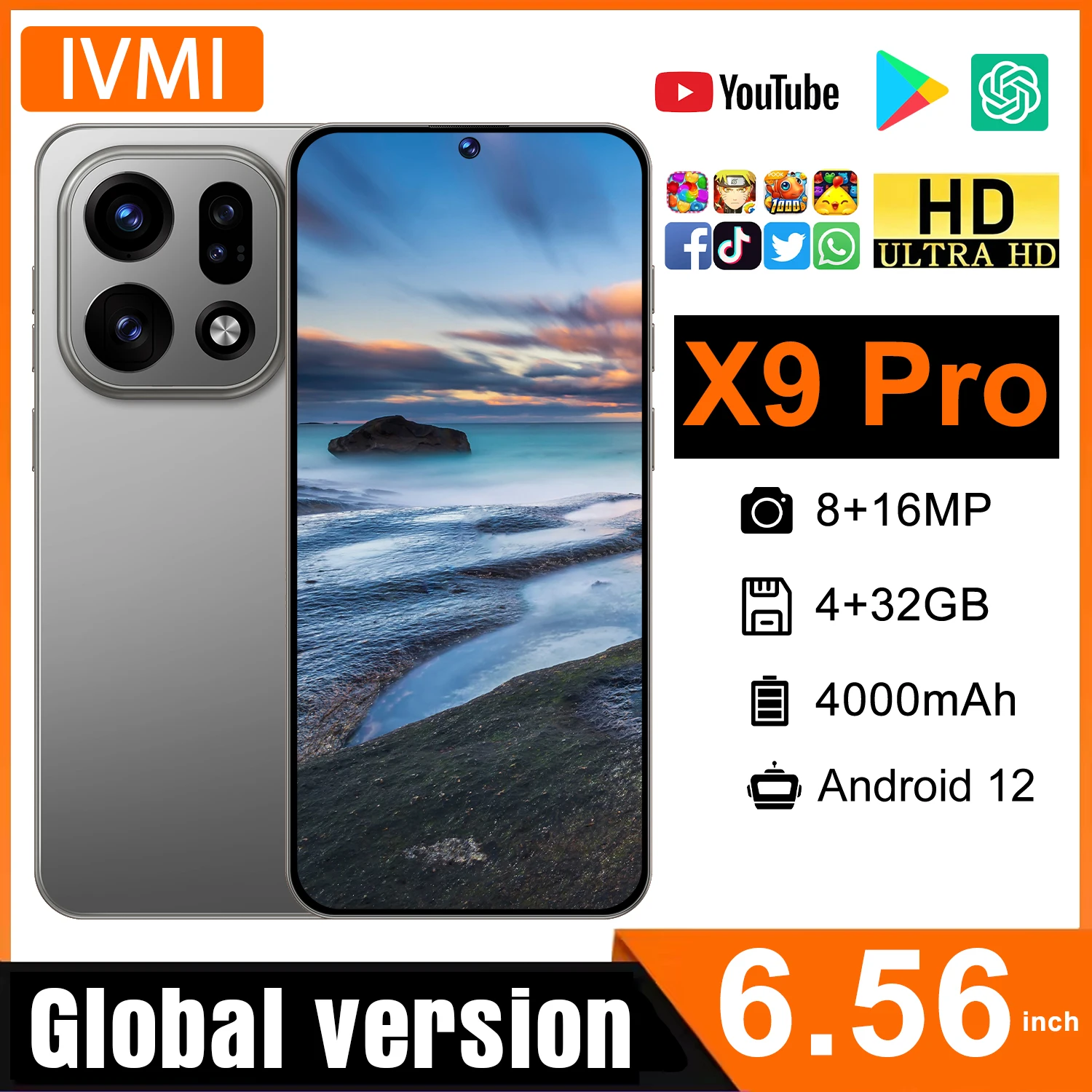 IVMI X9 Pro Smartphone Android 12 6.56 inch Screen 4+32GB 8+16MP Mobile Phone 4000mAh For Mobile Phones 4G Network