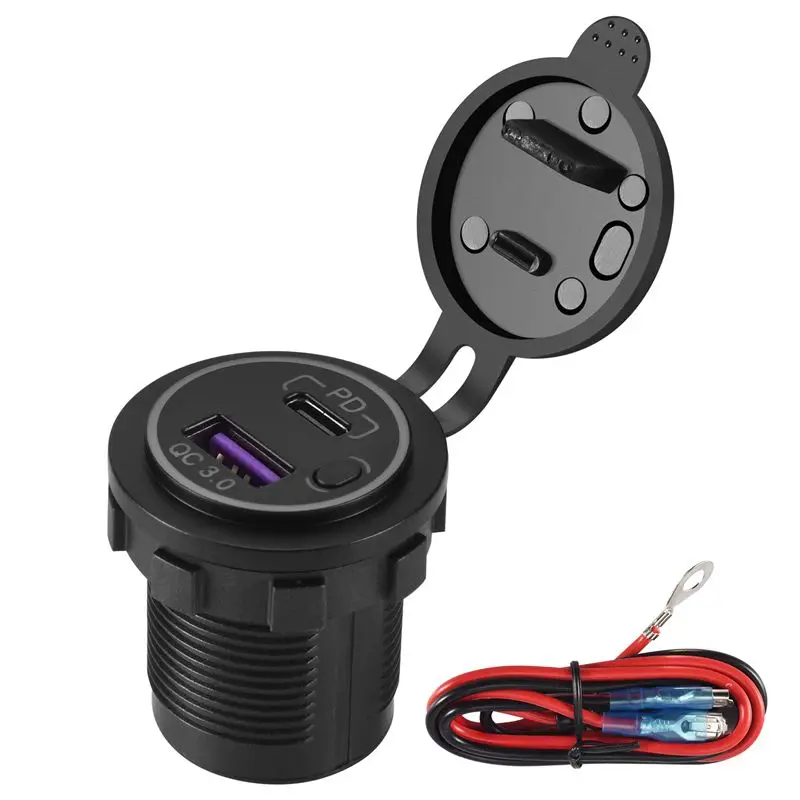 AEA7-PD Type C USB Car And QC 3.0 Quick 12V Power Outlet Socket With ON/Off Switch For Motorcycle RV ATV