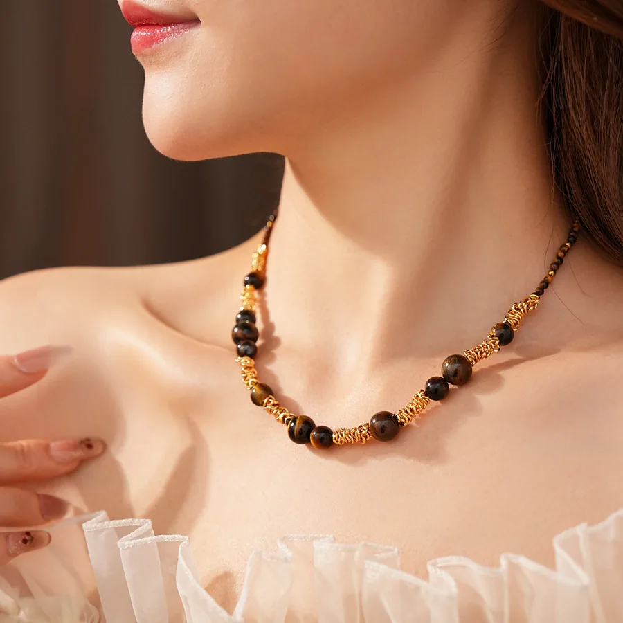 

Natural Tiger Eye Stone Chokers Necklaces for Women Vintage Splicing Beads Titanium Steel Neck Chain High-end Accessories Gifts