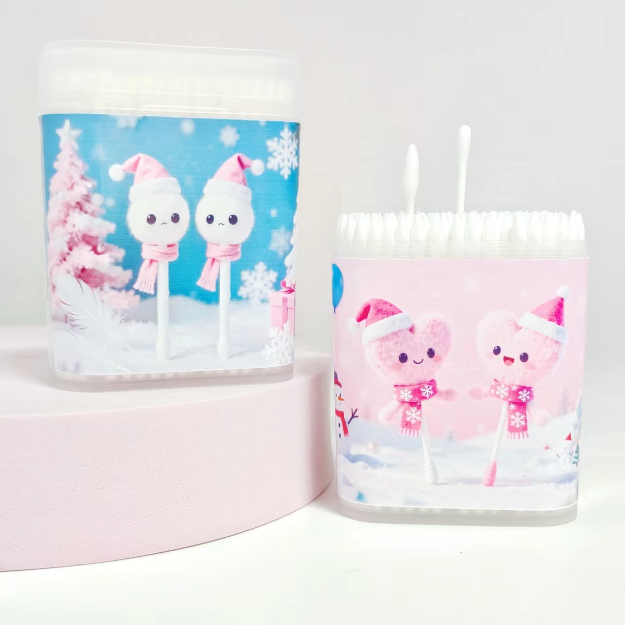 200 Stück/400 Stück rosa Wattestäbchen mit Weihnachtsmotiv, weißes Liebesmuster, Scheuerbox, doppeltes Wattestäbchen