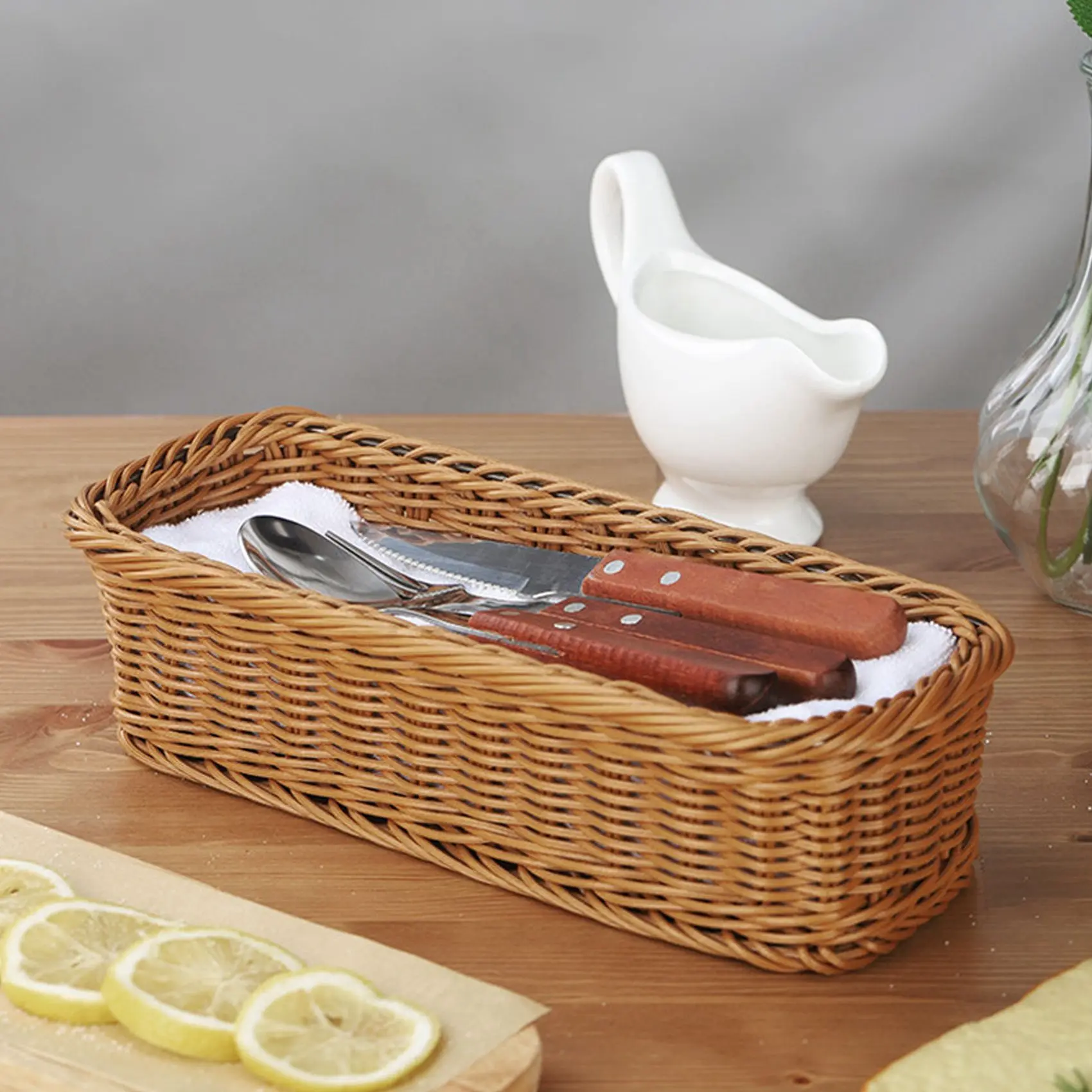 Desktop Cutlery Storage Basket Woven Basket Restaurant Tableware Drain Storage Box Tableware Storage Basket, Brown