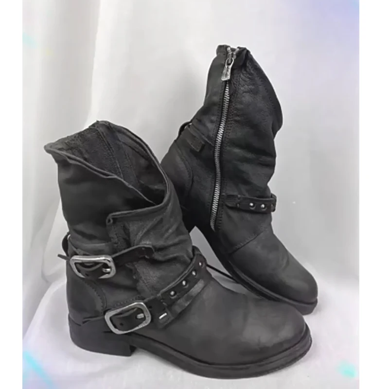 

Черные женские байкерские ботинки с боковой молнией и пряжкой, на массивном каблуке, винтажные, в стиле ретро, ковбойские, 2026