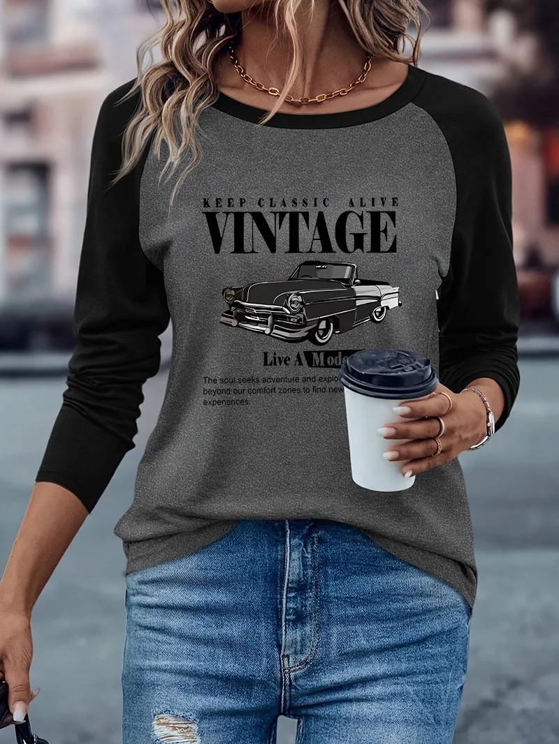 Modisches Vintage-Auto-Print Langarm-T-Shirt Streetwear Grafik Y2k Locker Lässig Bequemes T-Shirt Damen Winter Herbst – Detail 4