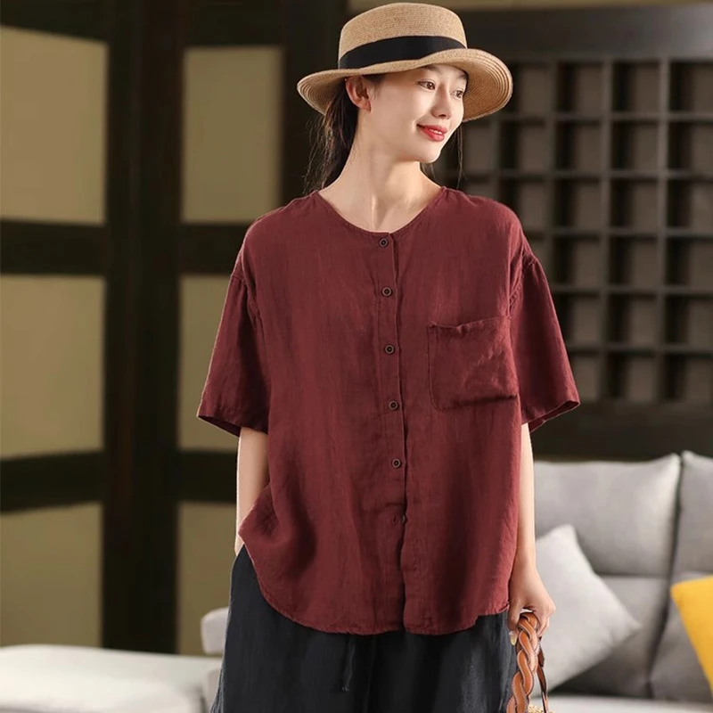 

100% Linen Women Casual Shirt New Arrival 2025 Summer Vintage Style O-neck Solid Color Loose Female Half Sleeve Tops Shirts T677
