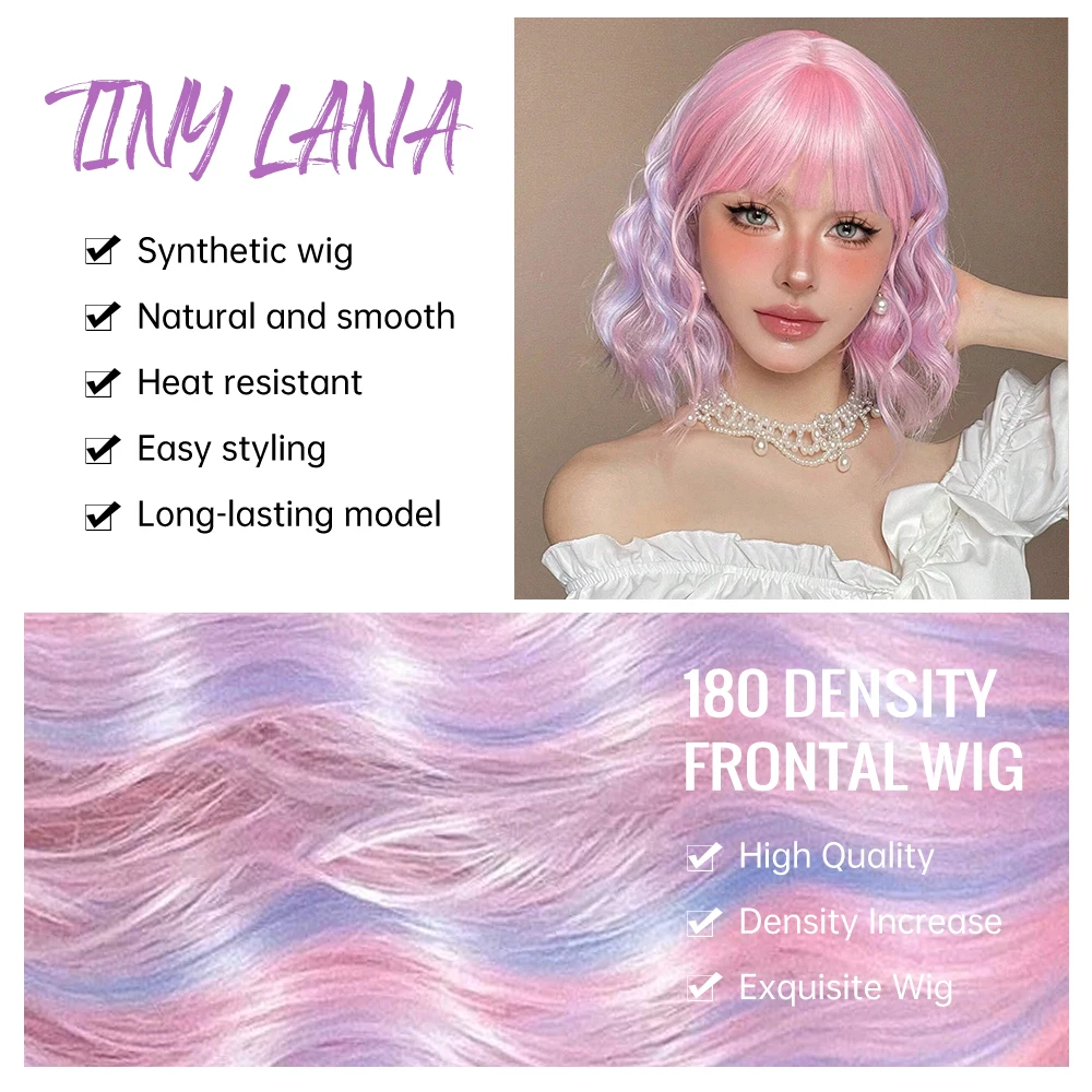 Lockige rosa lila gemischte blau gewellte synthetische Perücken mit Pony kurze Bob bunte Cosplay Perücke für Frauen natürliche hitze beständige Haare