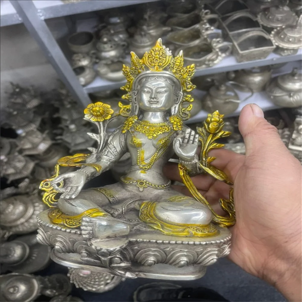 Estátua chinesa antiga tibetana de prata banhada a ouro cobre budista verde tara