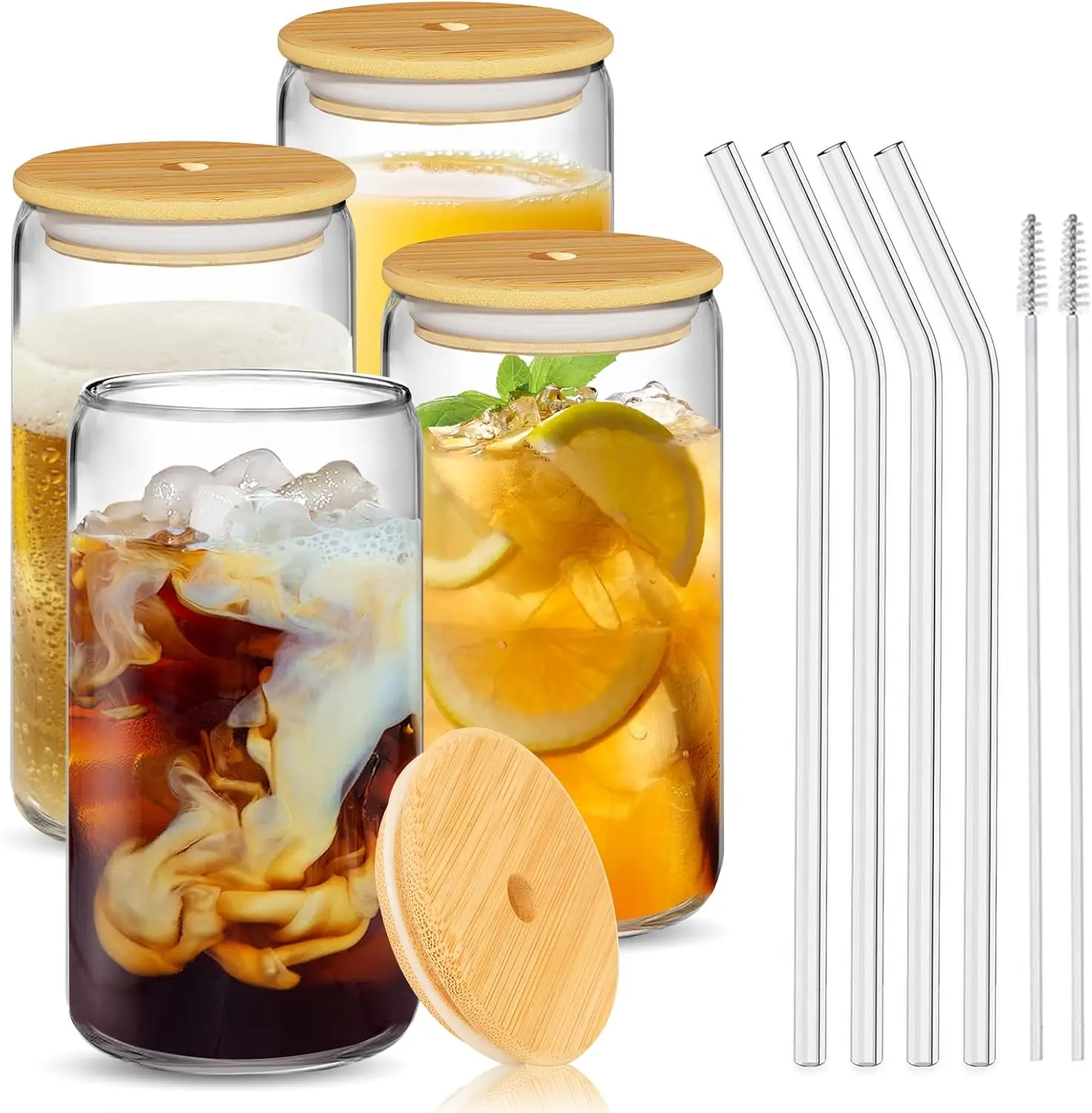 

4Pcs Glass Cups with Bamboo Lids and Glass Straws Set-16oz Can Shaped Drinking Glasses, Beer Glasses, Iced Coffee Glasses, Cute
