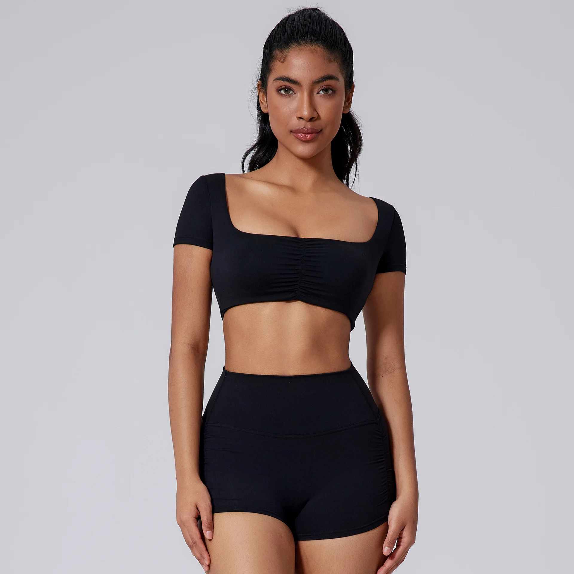 2 Piece Yoga Set with Pad for Women Sports Outfit Gym Crop Top Shorts Nylon Workout Tights Jogging Suit