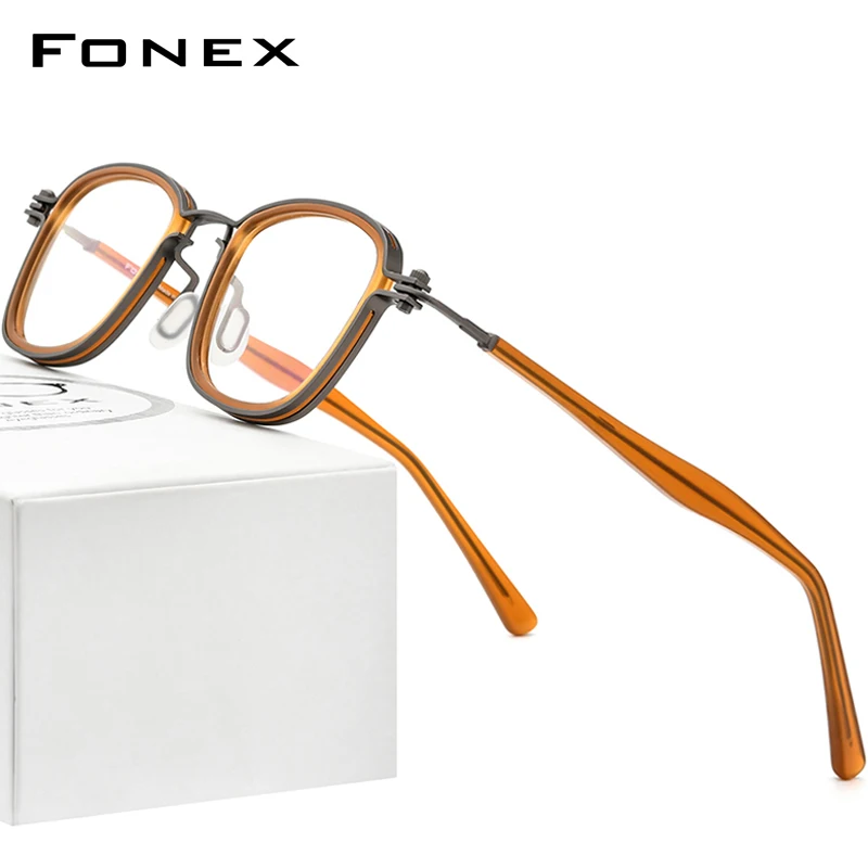 FONEX Acetate Alloy Glasses Frame Men Retro Vintage Square Eyeglasses Women Korean Screwless Eyewear F1026