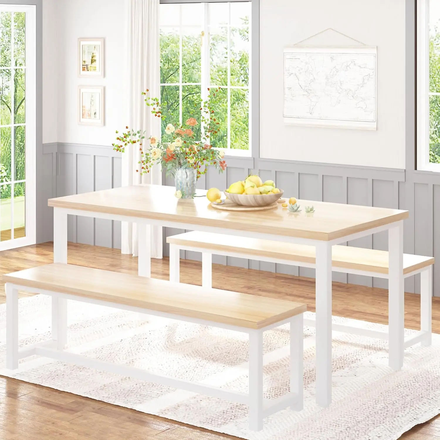 47” Dining Table Set with Benches, 3 Pieces Dining Room Table Set for 4, Wood Kitchen Table and Chair Set,  Dinette Set