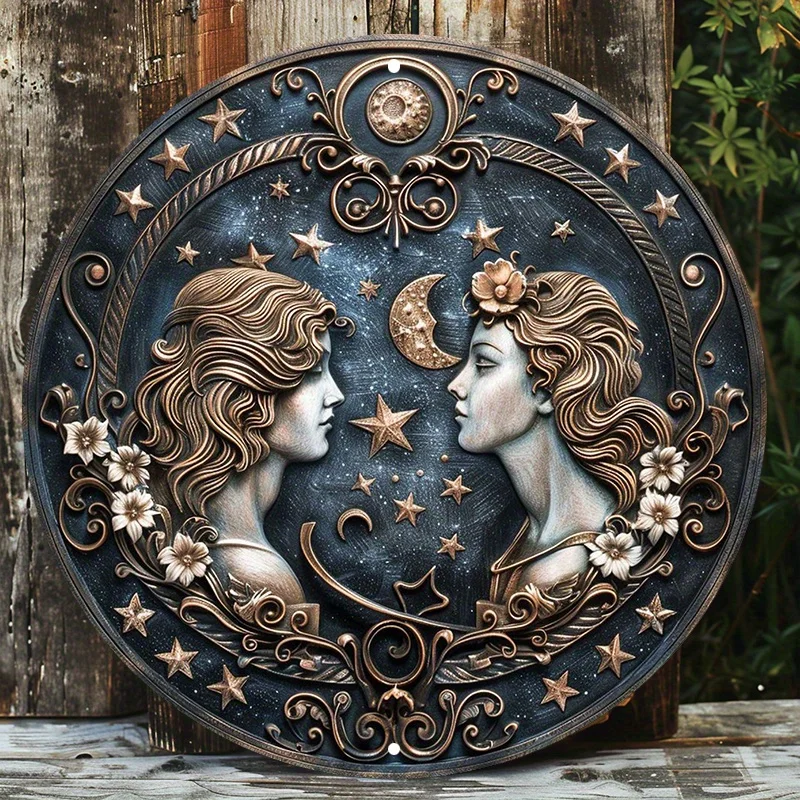 Gemini Zodiac Sign Round Metal Sign - Aluminum Wall Art with HD Printing, Weather Resistant, Pre-drilled for Easy Hanging