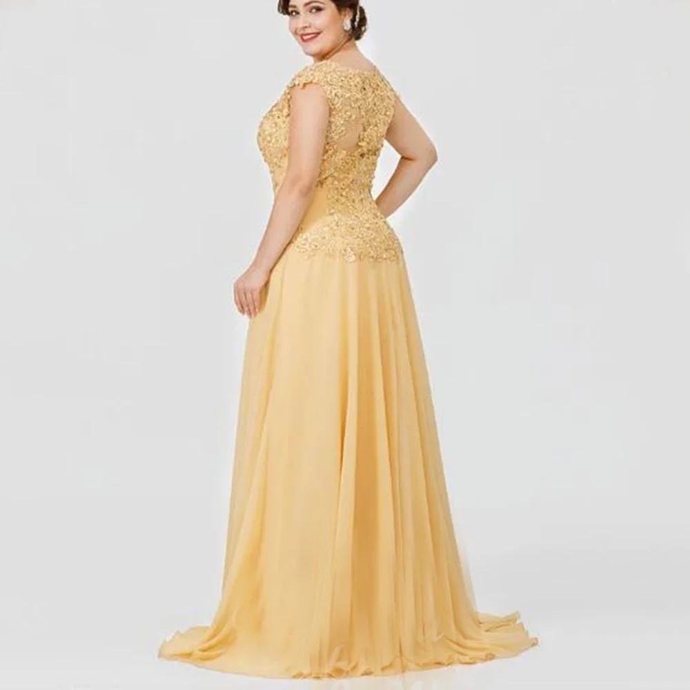 Vestido elegante de encaje de línea a dorado para madre de la novia, vestido de fiesta nupcial con cuentas de gasa de tren de barrido, cuello de ilusión, talla grande