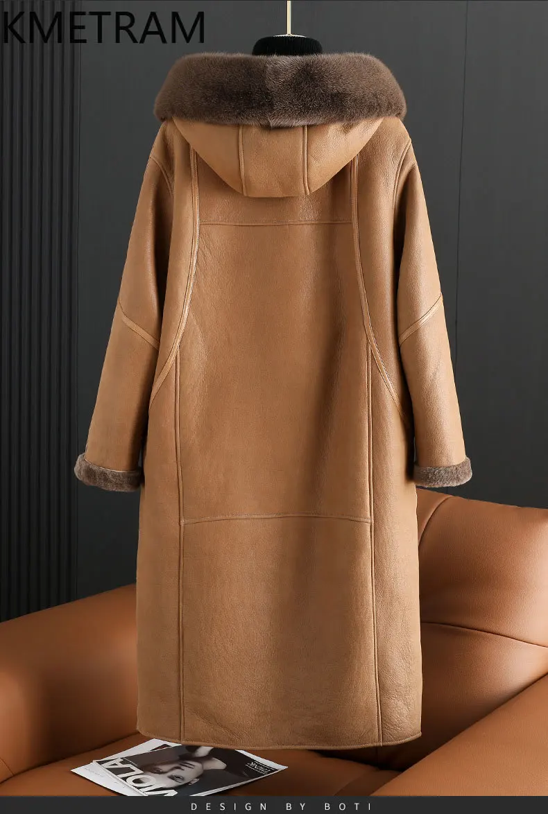KMETRAM Cappotto di pelle di pecora naturale integrato Donna Giacca lunga di lusso in vera pelliccia con cappuccio 2025 Abbigliamento invernale donna Collo di pelliccia di visone